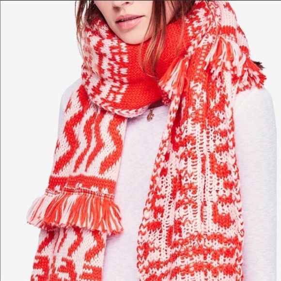Free People Mile High Print Fringe Scarf Orange - Picture 1 of 9